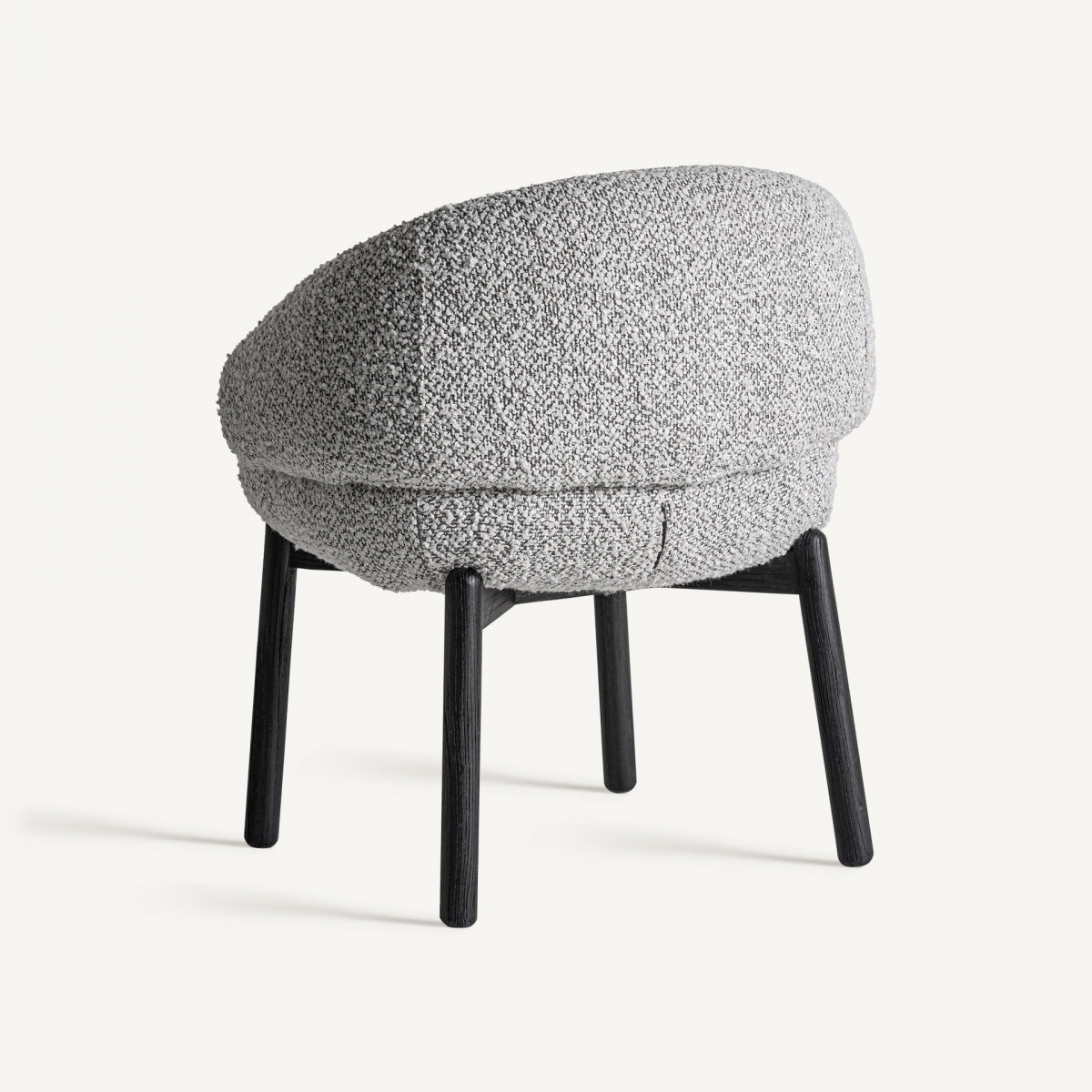 Silla tapizada en bouclé vista 4, patas de madera negra, diseño moderno - boutique interiorismo Vical