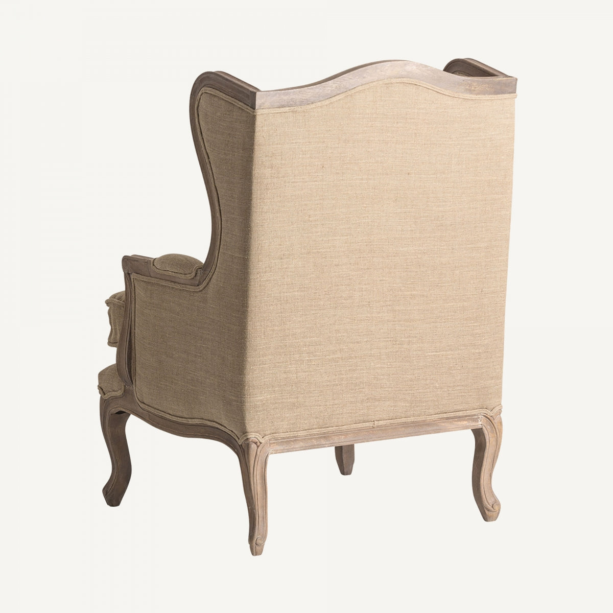 Sillón clásico tapizado en lino beige con respaldo alto – vista trasera, boutique_interiorismo-vical
