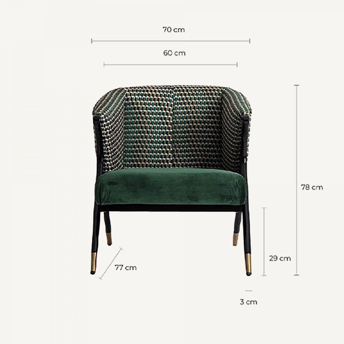 Butaca retro en verde con medidas, perfecta para rincones de lectura o salones con estilo vintage