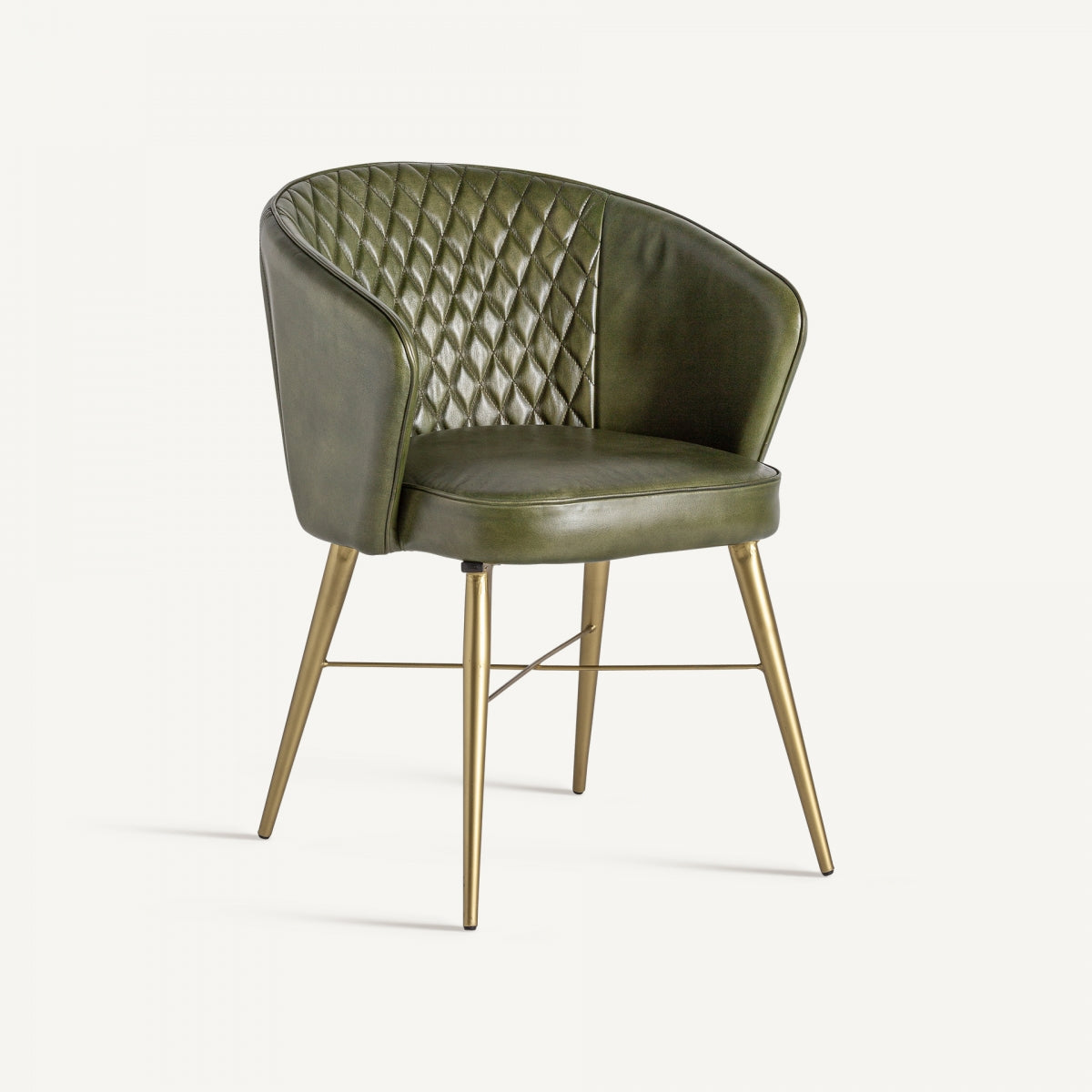 Sillón Muncie en piel verde visto en ángulo 3/4 con respaldo envolvente y patas doradas