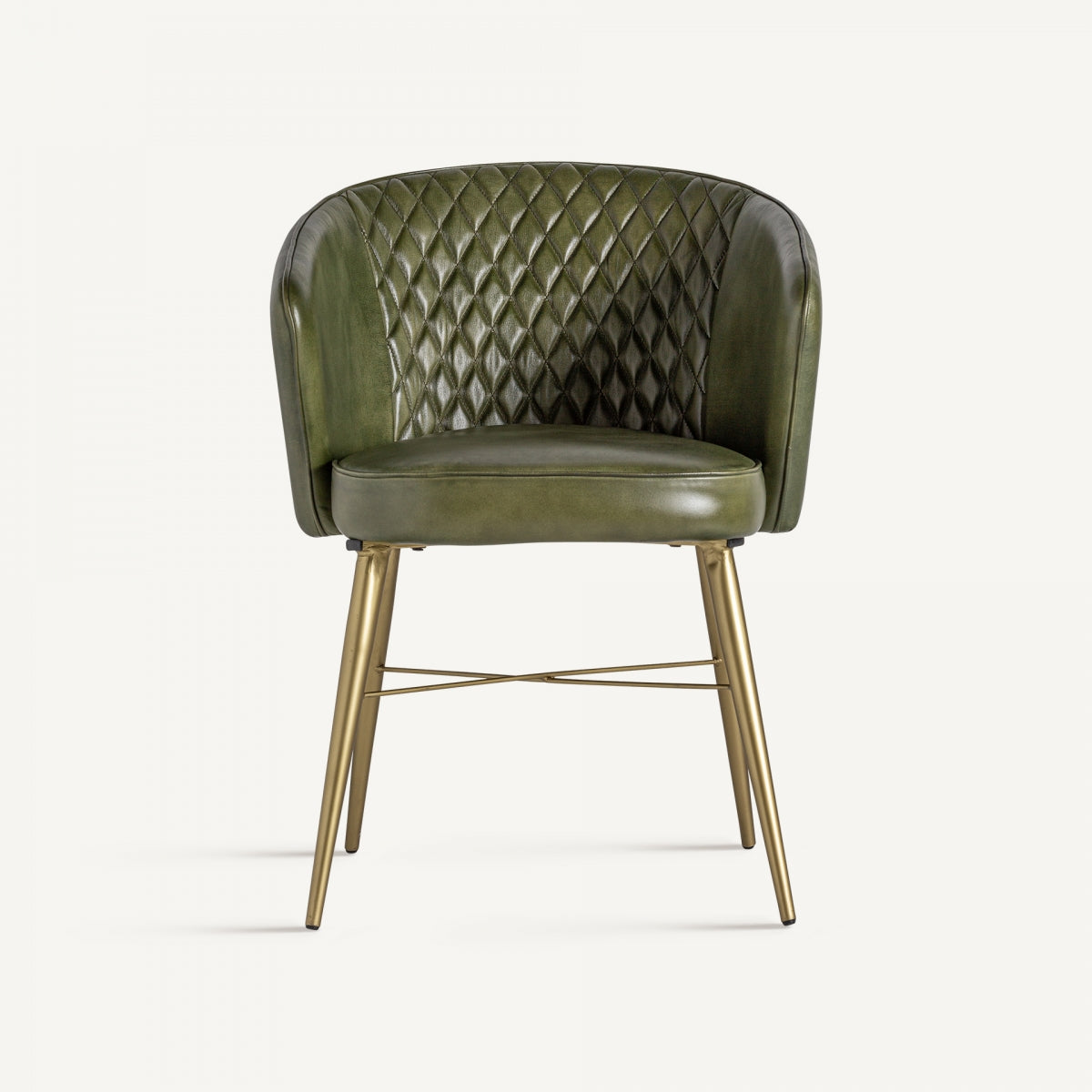 Vista frontal del sillón con tapizado verde oliva, respaldo capitoné y base dorada