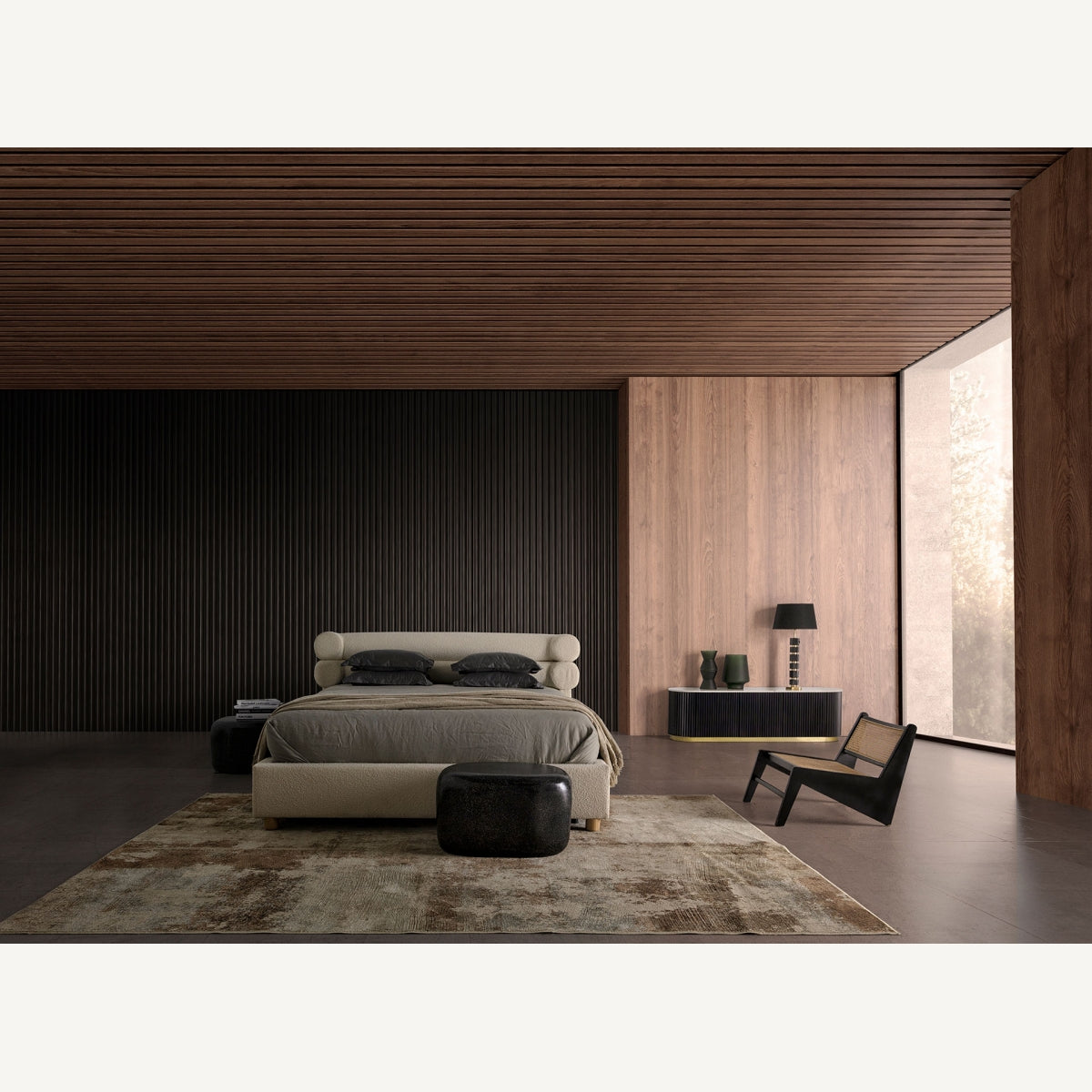 Ambiente de dormitorio moderno con sillón bajo negro y rejilla