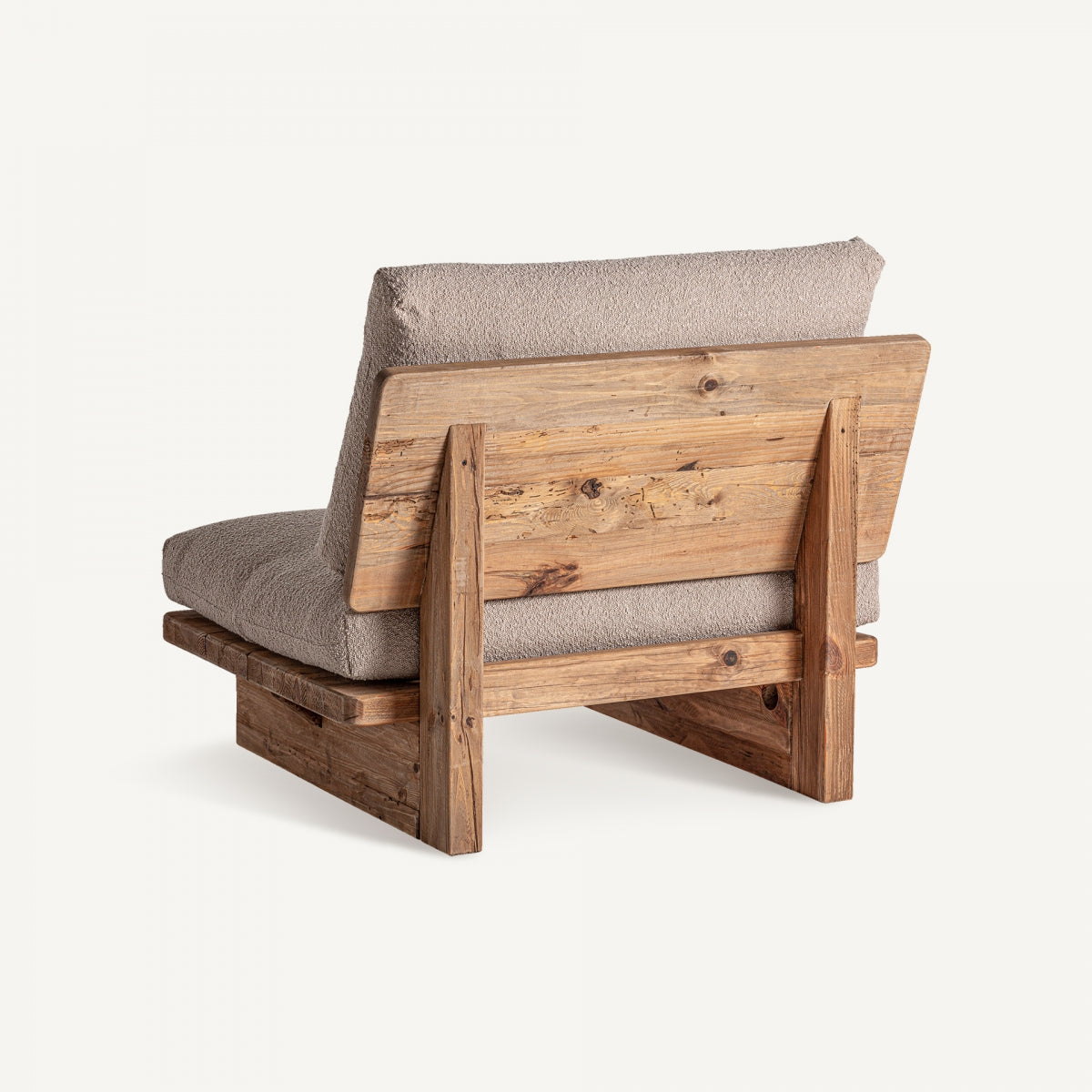 Sillón Givry visto desde atrás, respaldo plano en madera envejecida natural