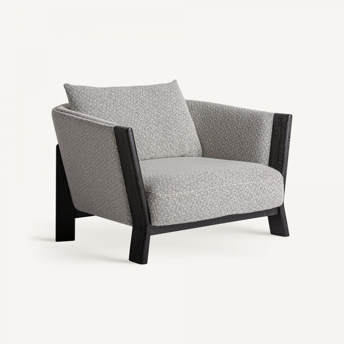 Vista frontal del sillón Nara en tapizado gris y estructura negra, estilo moderno escandinavo