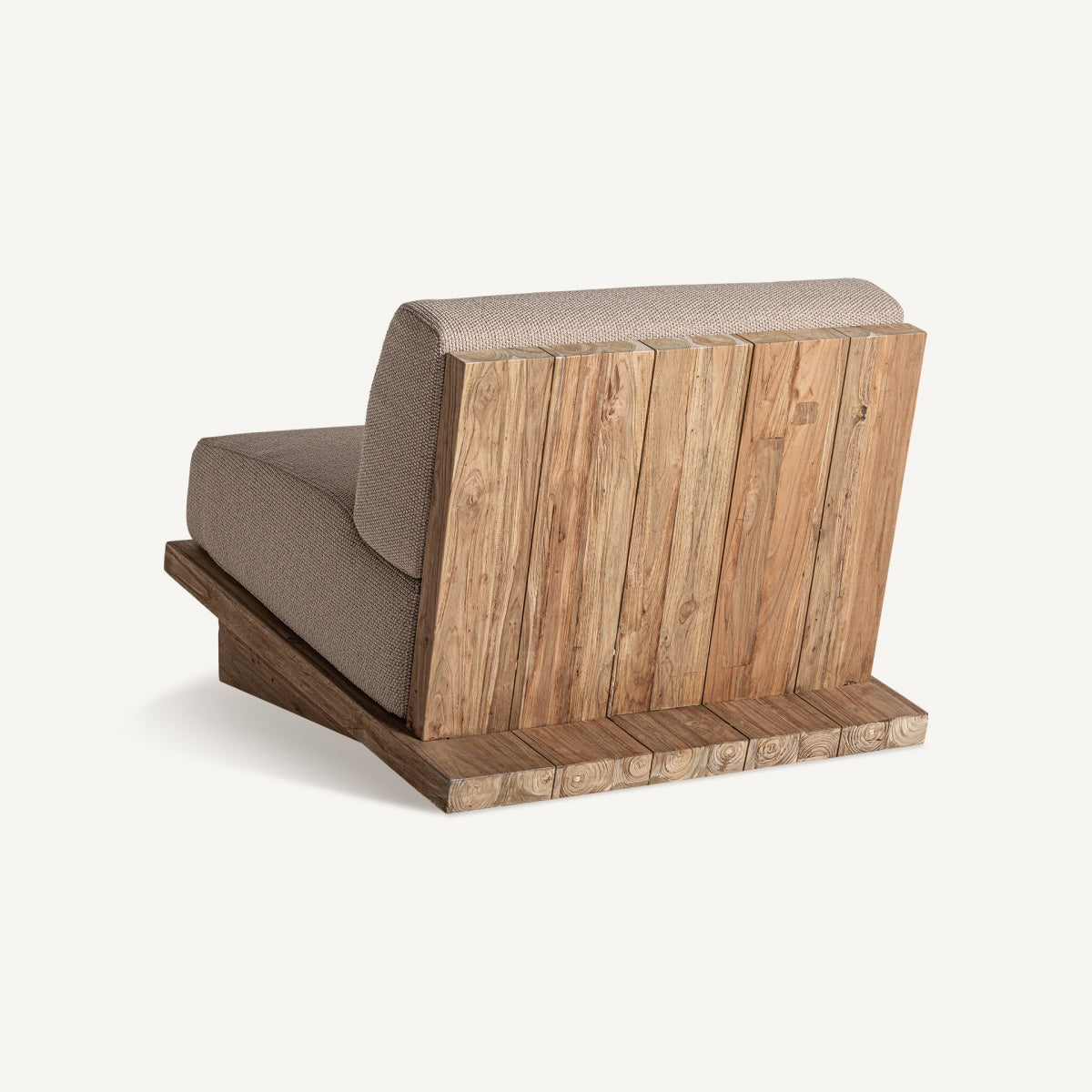 Vista trasera del respaldo en lamas de madera maciza natural, estilo rústico con carácter, boutique interiorismo Vical