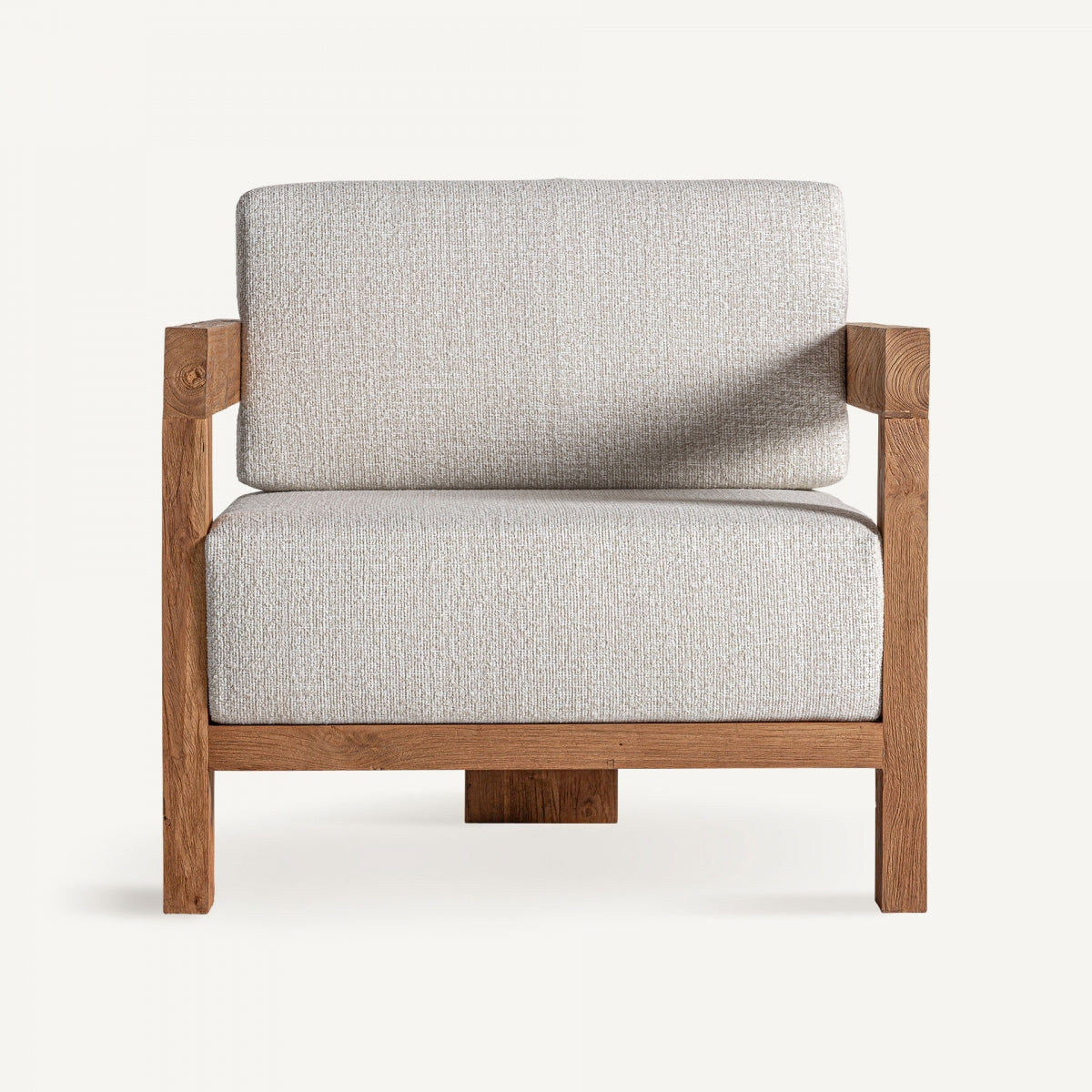 Frontal del sillón con respaldo y asiento recto tapizado – estilo contemporáneo con base robusta boutique interiorismo vical