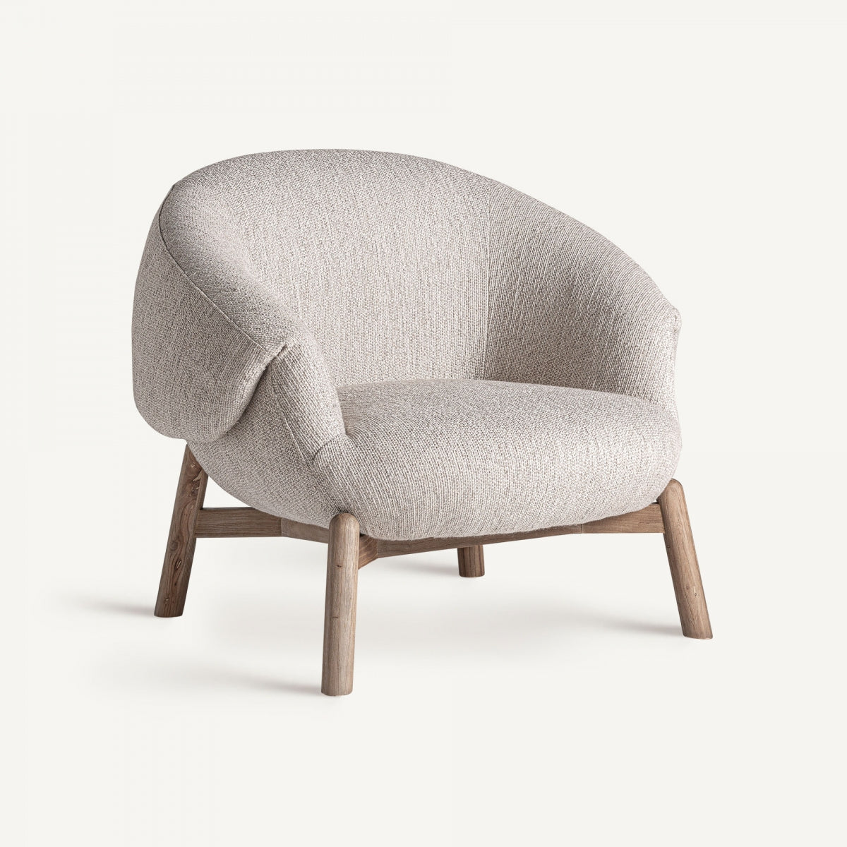 Butaca jacquard redonda con estructura de madera vista, vista lateral, estilo orgánico y acogedor