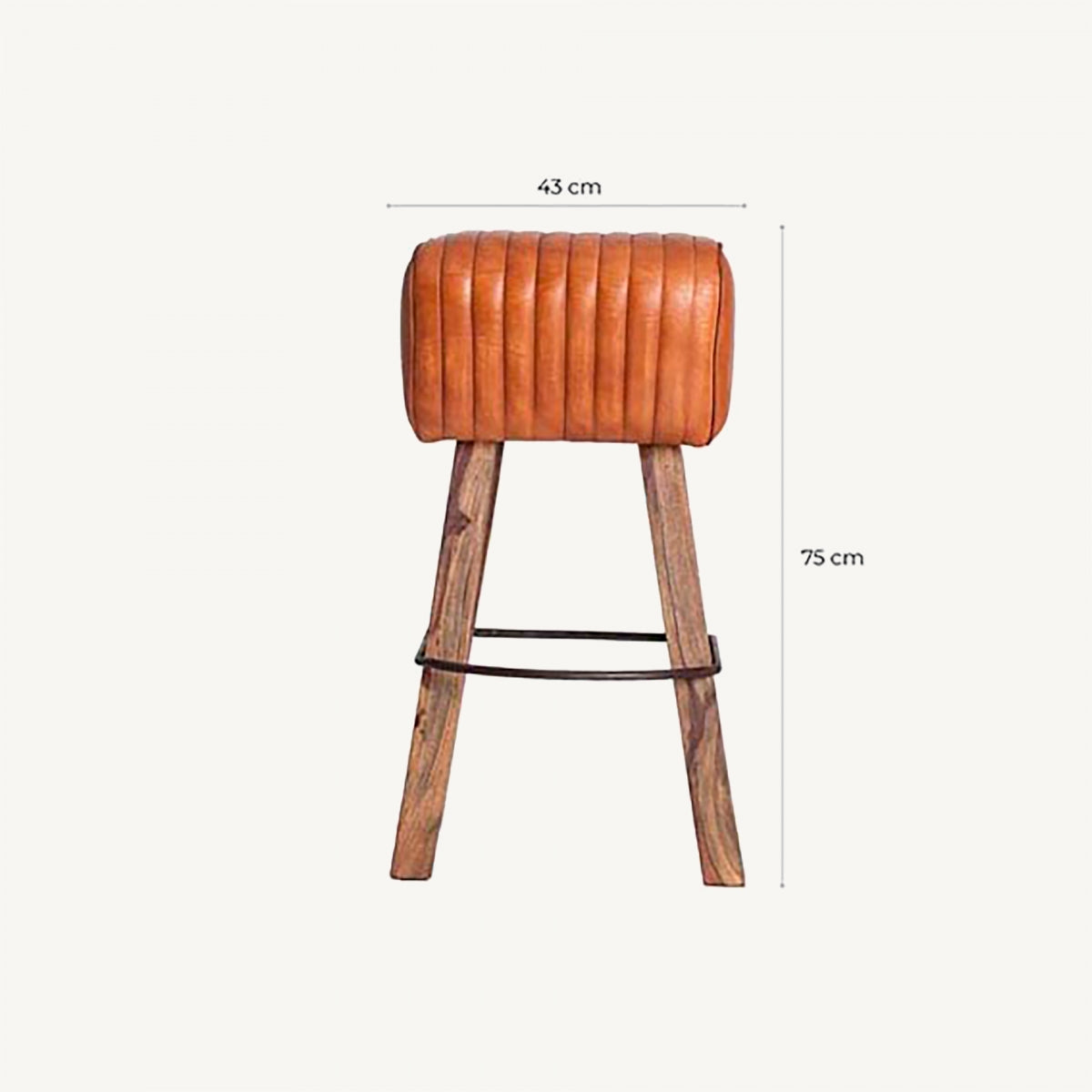 Imagen con dimensiones del taburete alto de cuero y madera, estilo rústico industrial.