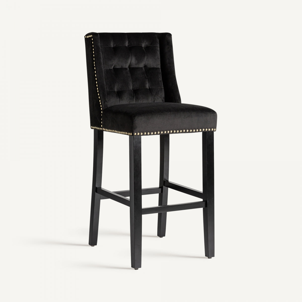 Taburete alto tapizado en terciopelo negro con respaldo capitoné y estructura negra, estilo clásico elegante