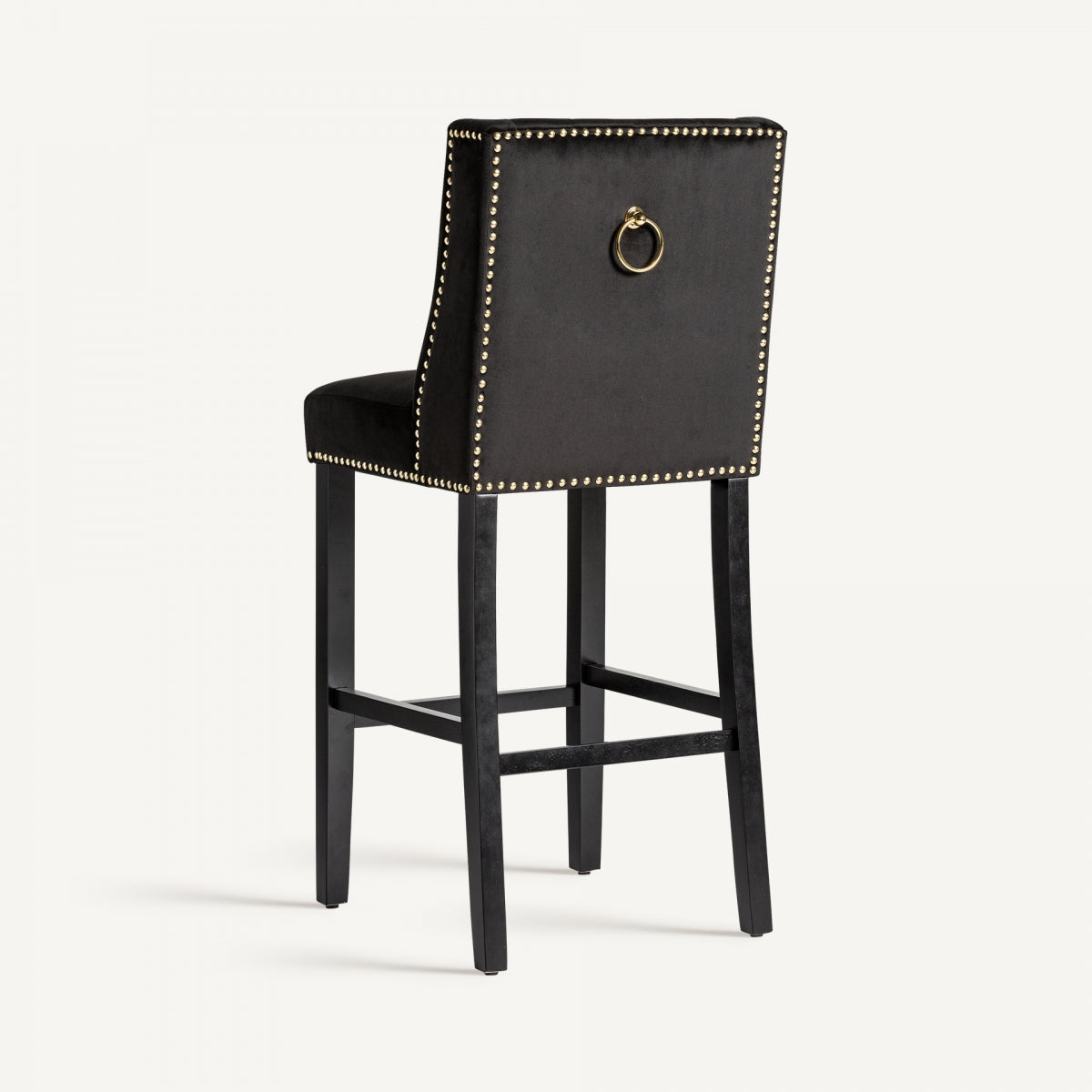 Vista trasera del taburete negro con anilla decorativa dorada, detalle glamuroso y sofisticado