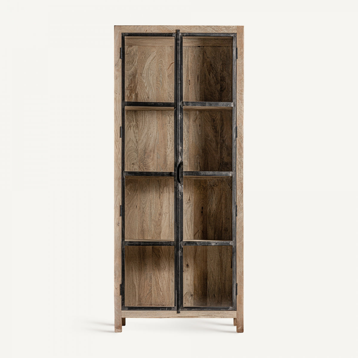 Vista frontal de la vitrina Weyer de cuatro puertas de cristal y estructura de madera