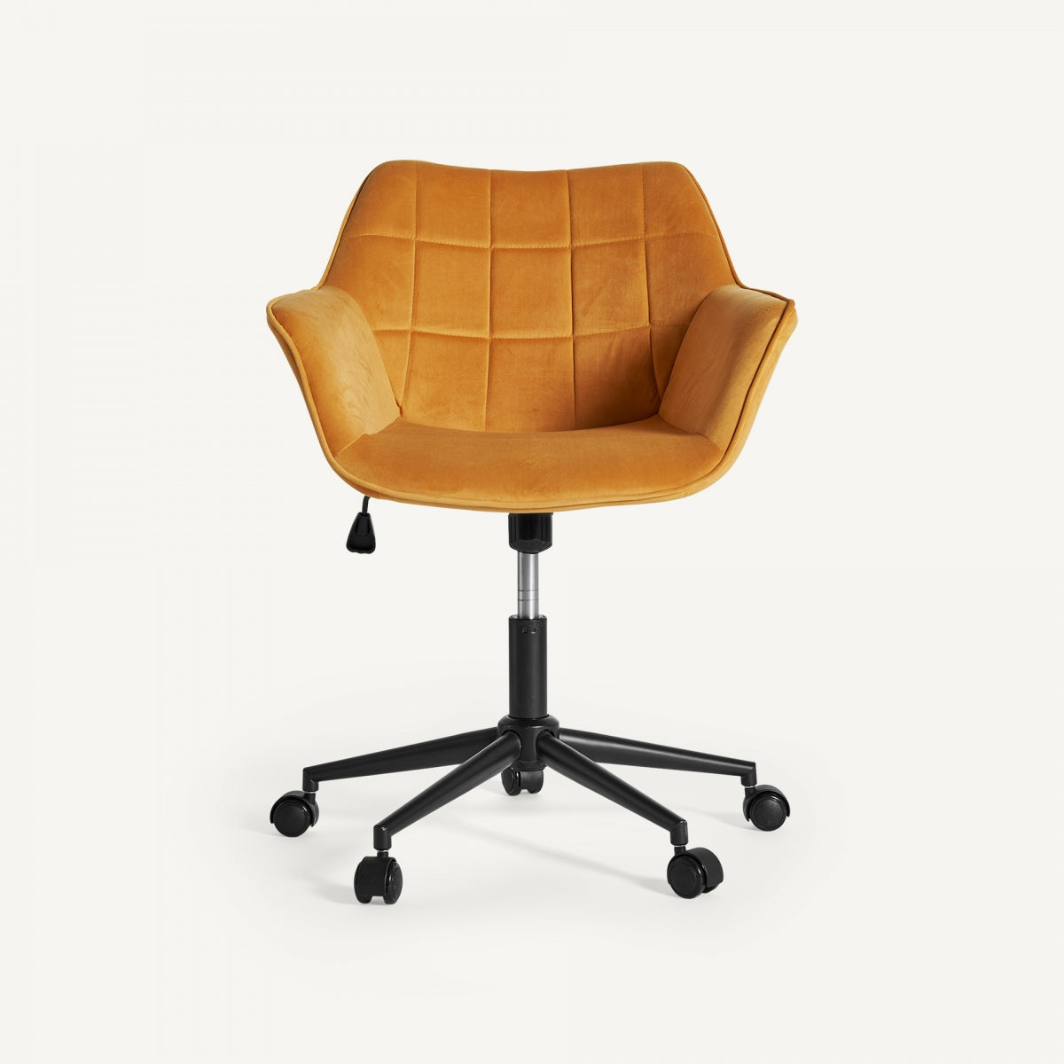Vista frontal de la silla Blere en polipiel mostaza con estructura de ruedas, diseño moderno retro - boutique_interiorismo - vical