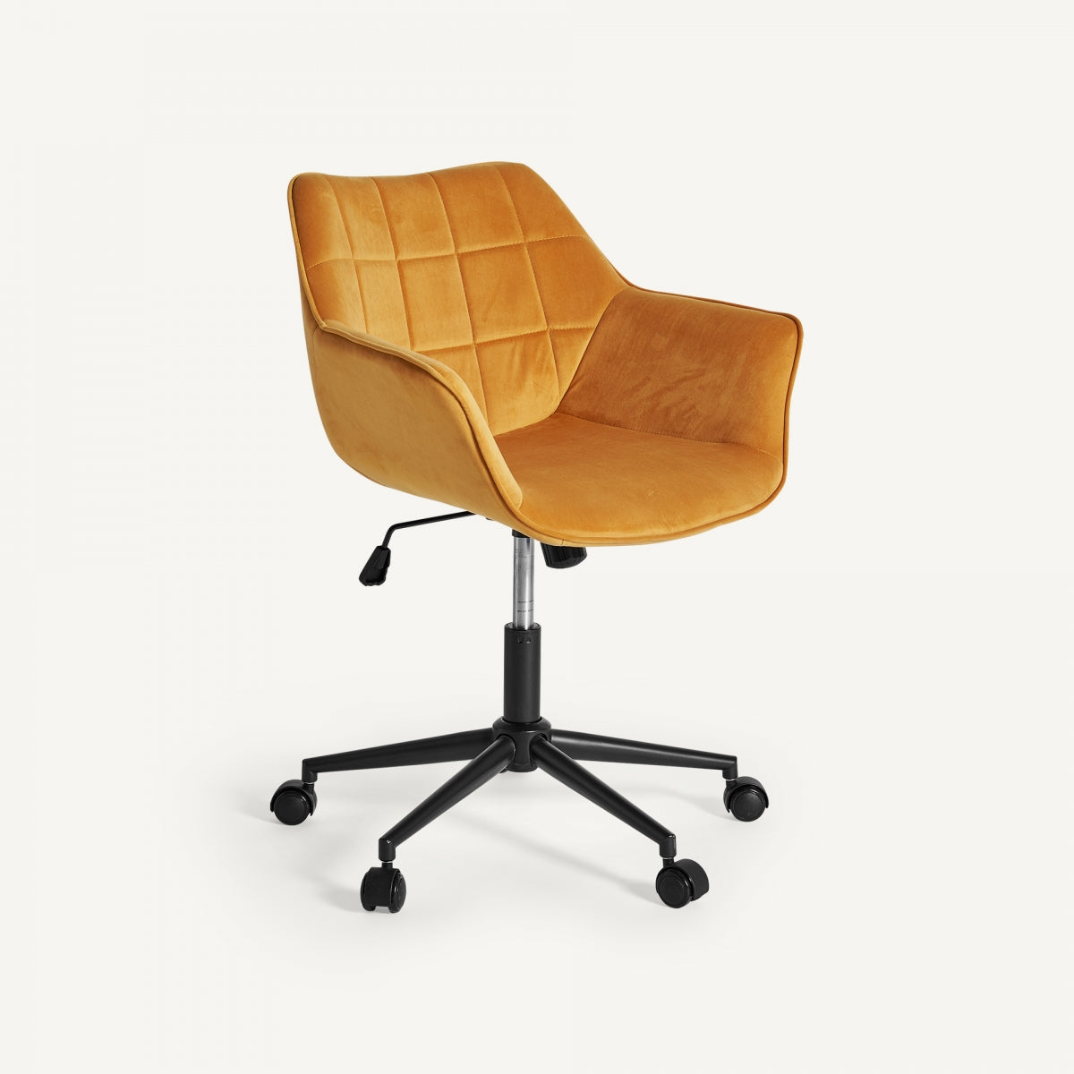 Silla de escritorio Blere con tapizado mostaza y base giratoria negra, estilo retro ejecutivo - boutique_interiorismo - vical