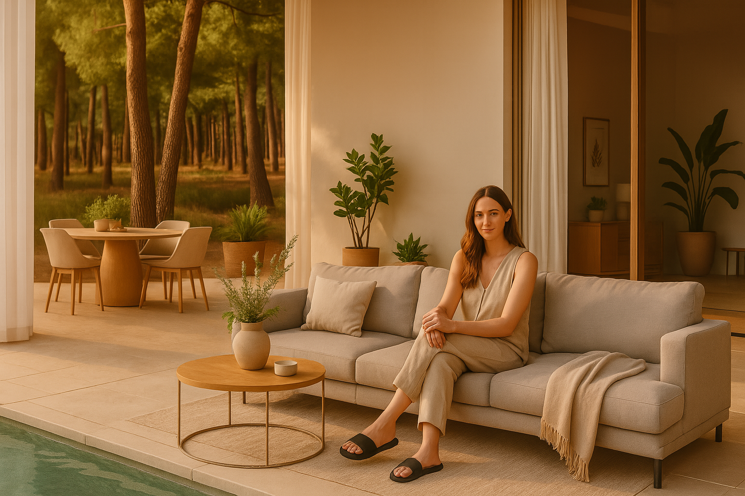 Espacio exterior e interior conectado con sofá modular en tonos neutros, mesa auxiliar de madera y vegetación natural. Ambiente cálido y elegante con lujo consciente, boutique interiorismo.