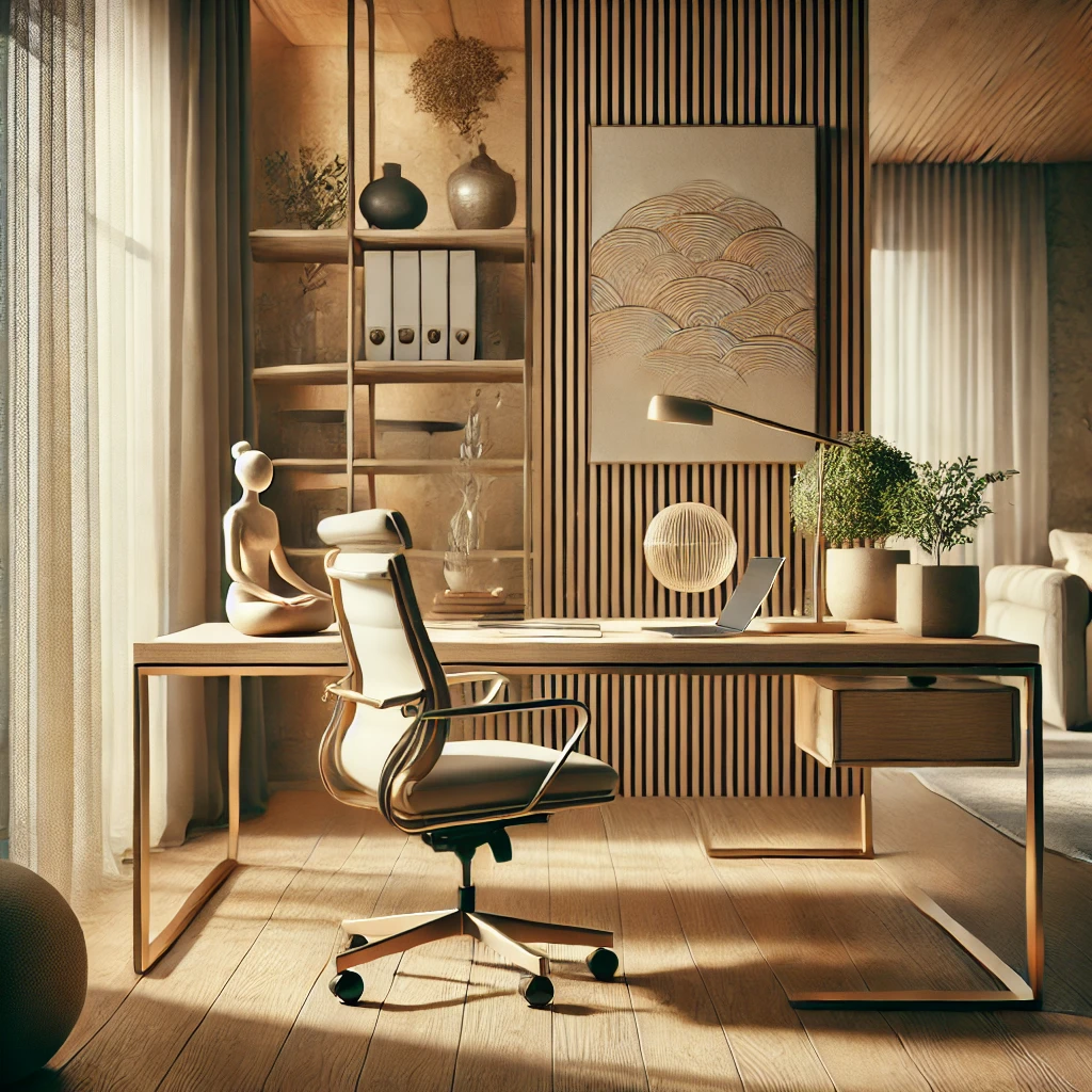 Espacio de trabajo elegante con escritorio de madera noble, silla ergonómica y decoración minimalista. Luz natural, ambiente cálido y diseño funcional que refleja lujo consciente y boutique interiorismo.